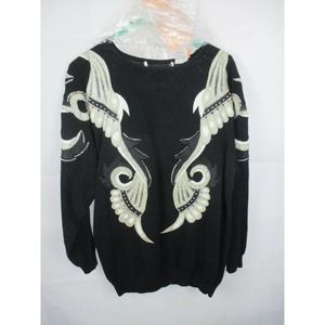 VNTG Sweater L Black White Silver Beads Embroidery Leather Women